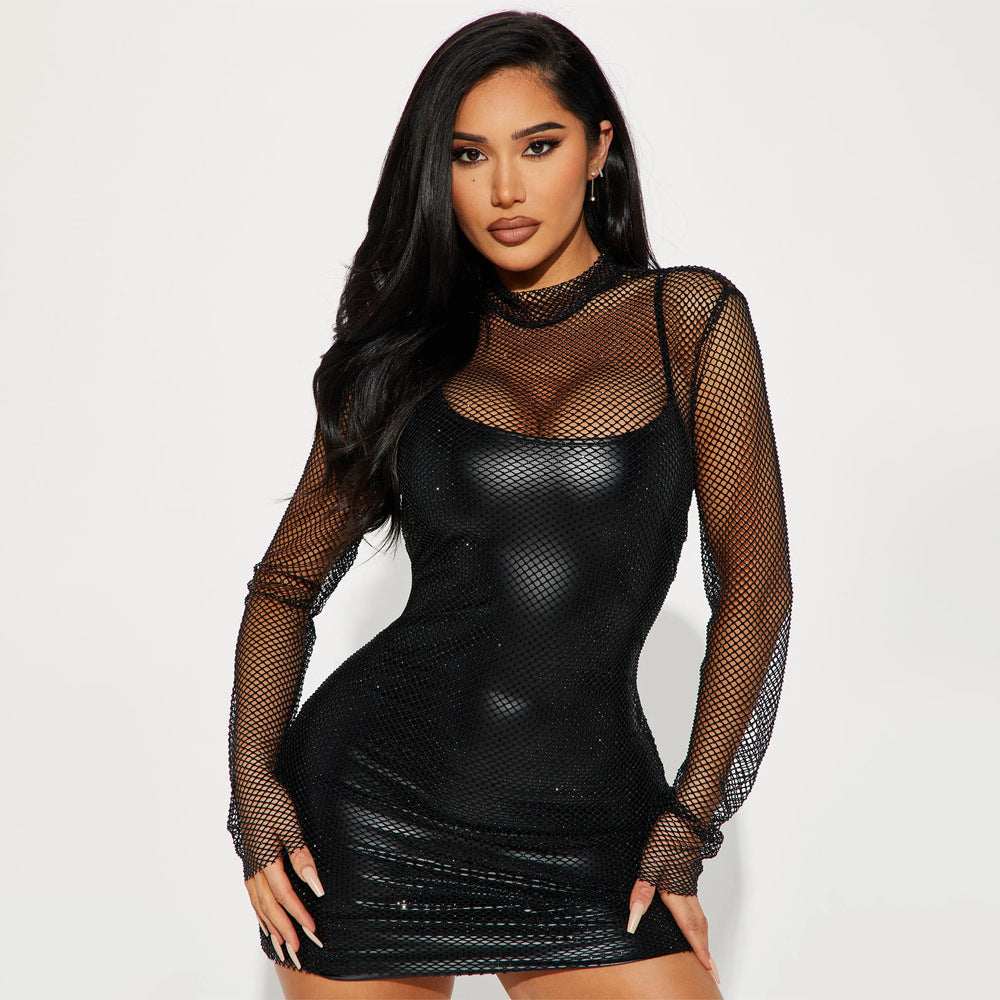 Women mesh long-sleeved Top and suspender sexy Mini Bodycon dress two-piece set