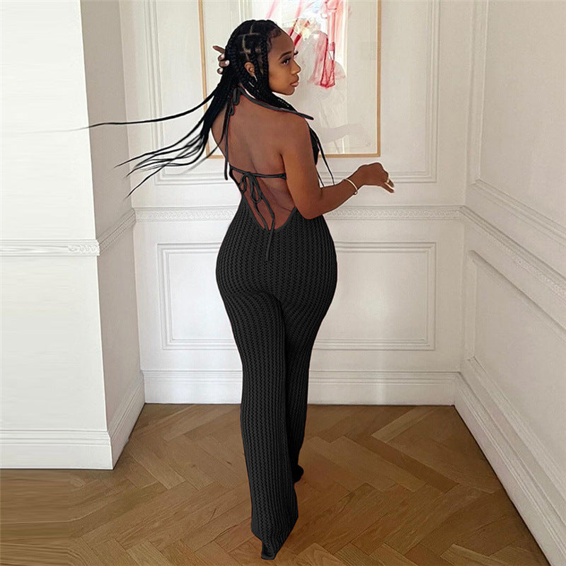 Spring Sexy Halter Neck Low Back Slim Flared Jumpsuit 7