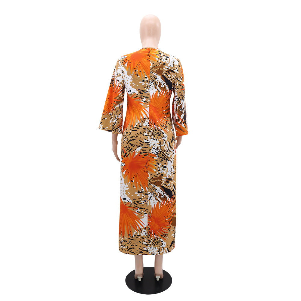 Fashion Print  V-Neck Long Sleeve Slit Casual Loose Long Dress 4