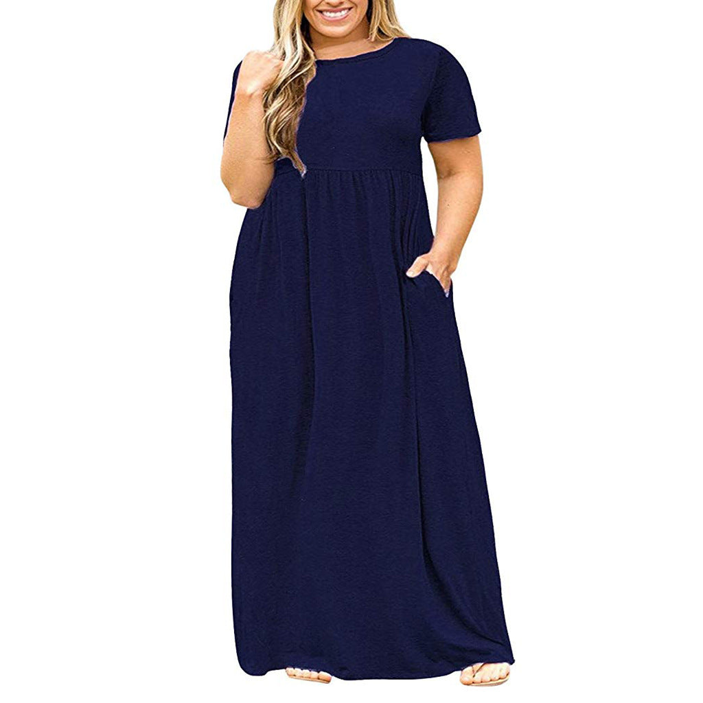 Summer Women's Short Sleeve Round Neck Solid Plus Size Dress Print Maxi Dress 18