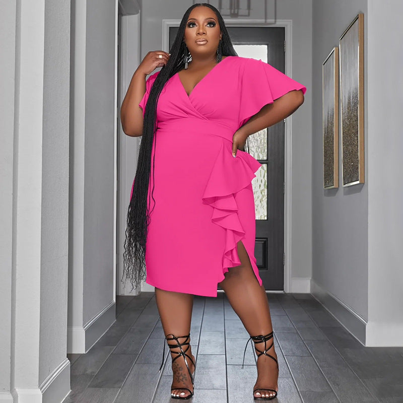Chic Women's Solid Color V-neck Ruffle Slim Sexy Plus Size Dress