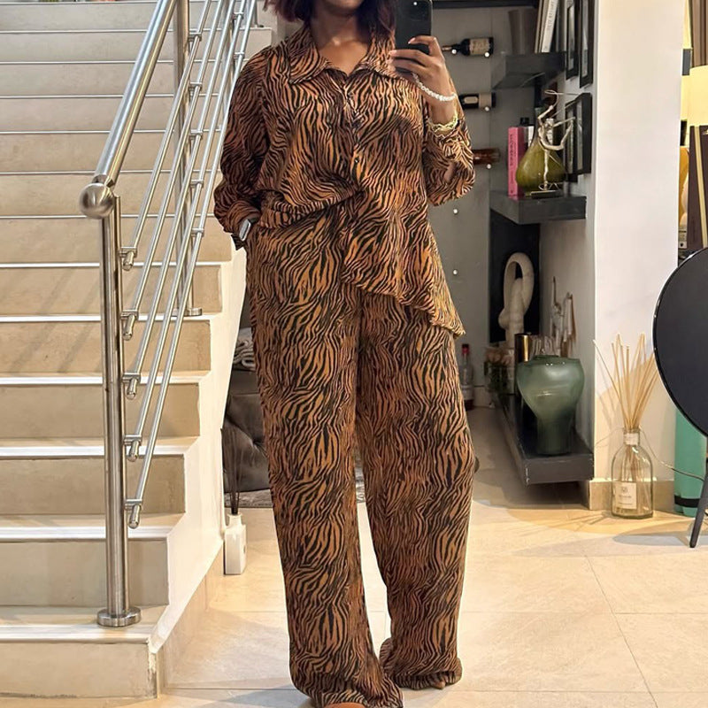 African Zebra Print Long Sleeve Shirt Wide Leg Pants Two Piece Set 5