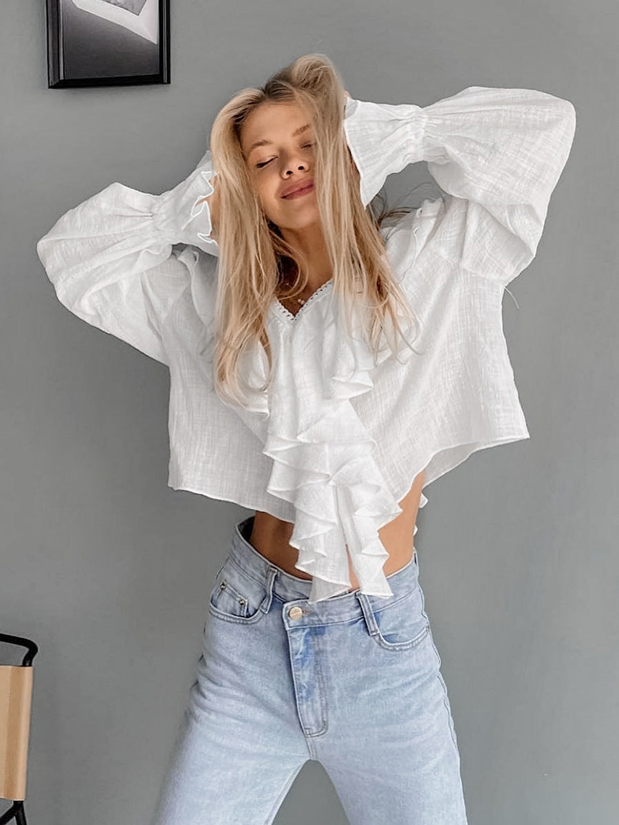 Women Lace Sexy V-Neck Retro Ruffle Shirt 3