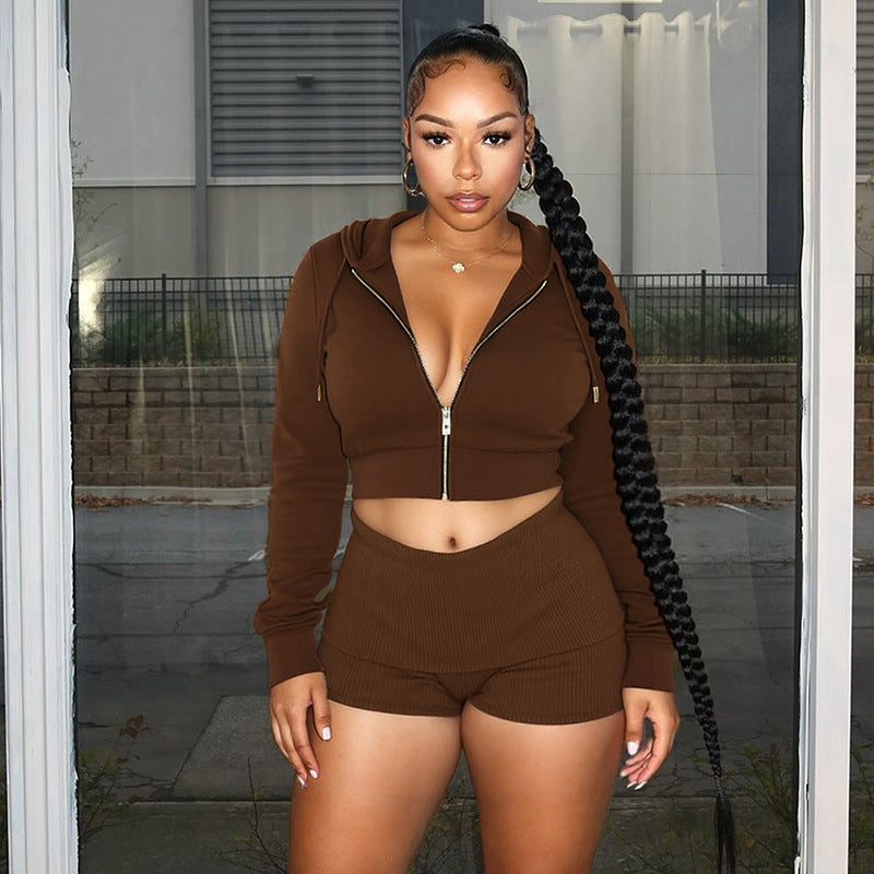 Women Fall Casual Zipper Hoodies and Fold-Up Shorts Two-Piece 7