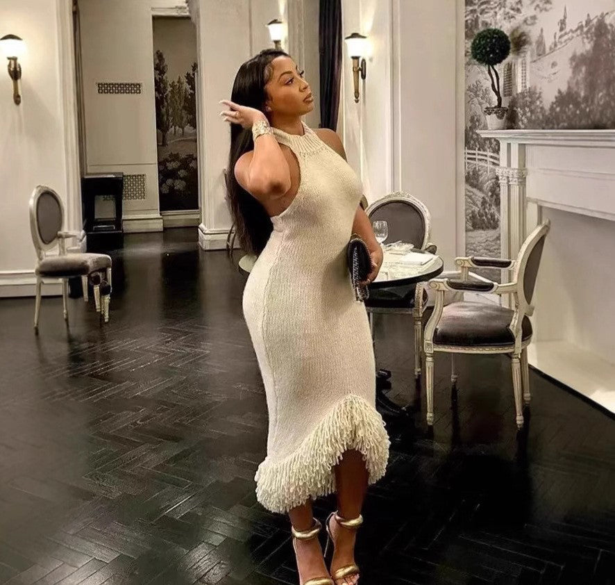 Women’s Sexy Halter Neck Low Back High-Waist Bodycon Fringe Knit Dress 3