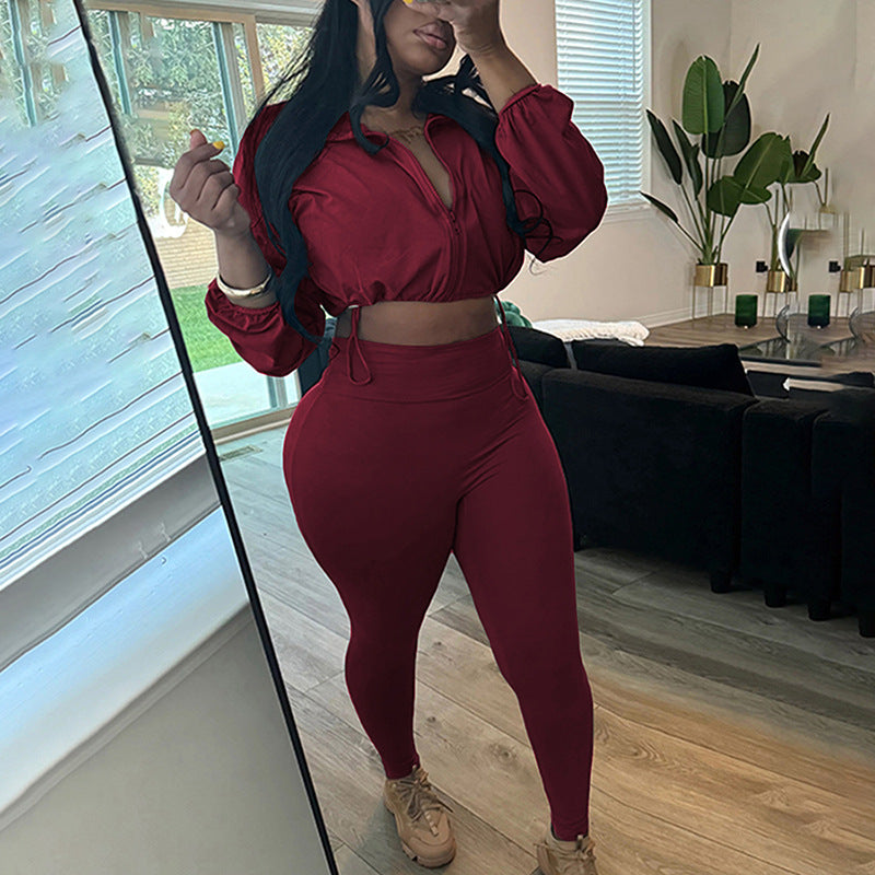 Spring And Autumn Sexy Drawstring Slim Waist Crop Top High Waist Tight Fitting Trousers Two Piece Set 34