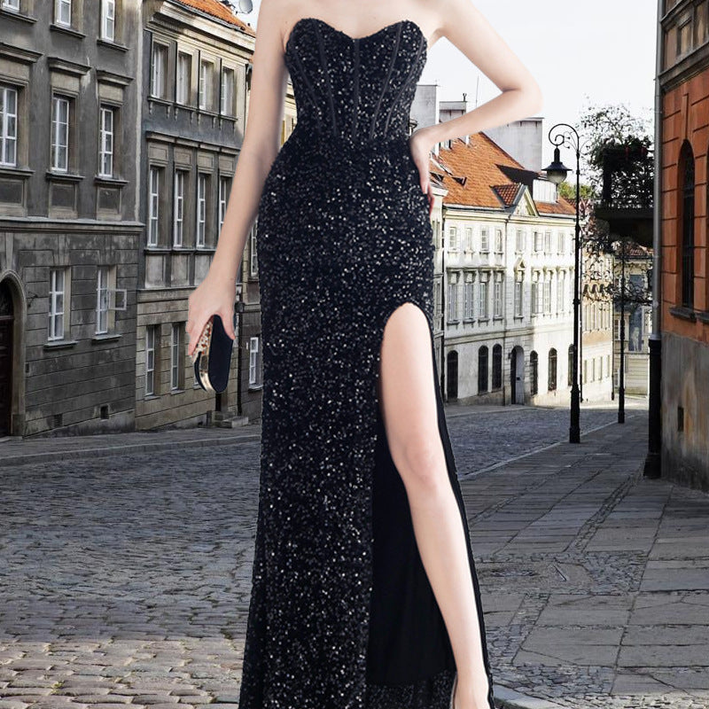 Spring Sequin Side Slit Strapless FishBoned Evening Dress 12