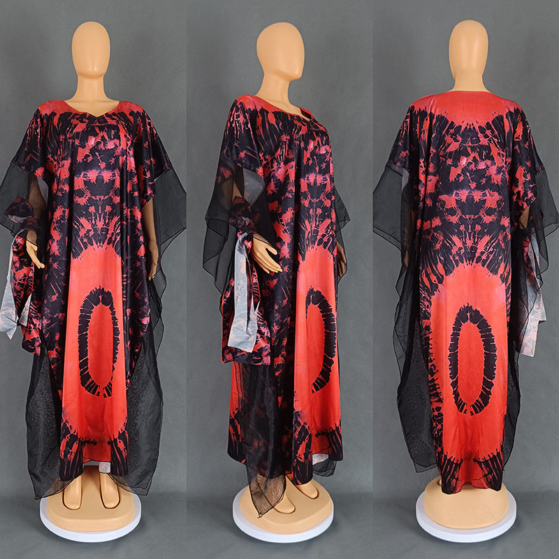 Women's clothing African long robe mesh print dress with headscarf 13