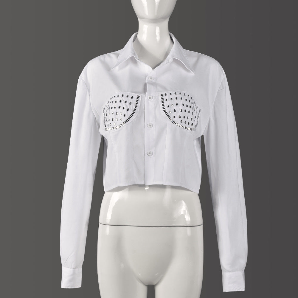 Women Fall Beaded Turndown Collar Long Sleeve Shirt 10