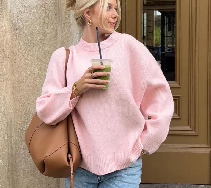 Women Loose-Cut Winter Pink Round Neck Casual Sweater