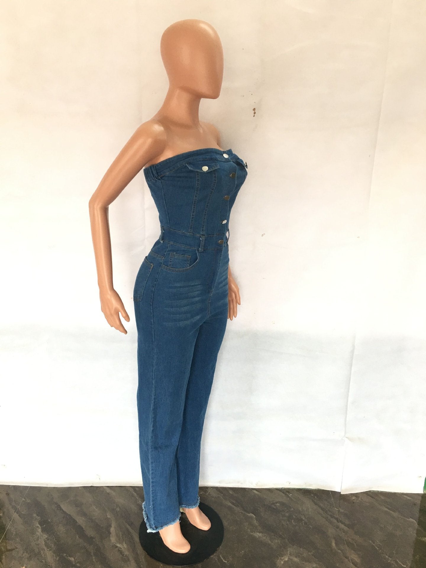 Women's Strapless Slim Fit Micro Bell Bottom Denim Jumpsuit 9