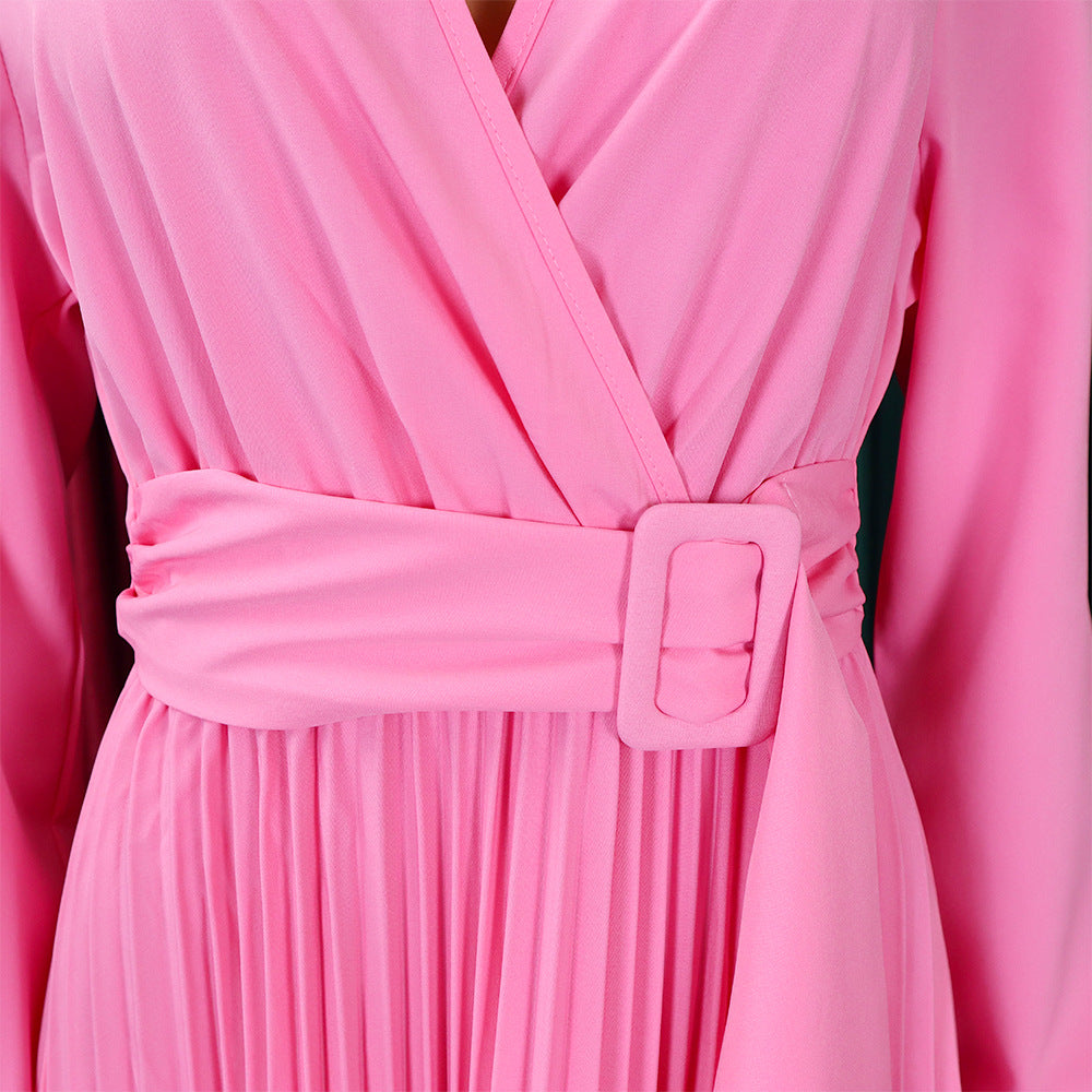 V-Neck Chic Elegant Slim Waist Belted Pleated High Waist Plus Size Dress 44