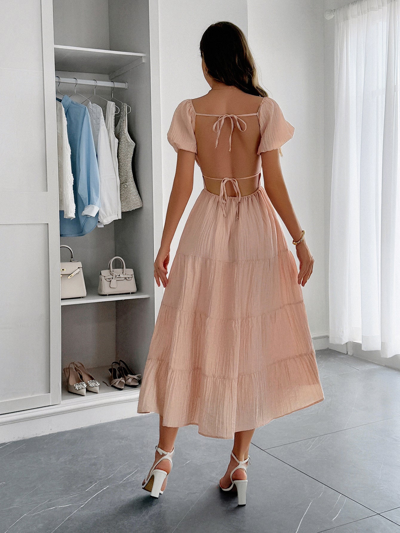 Spring-Summer Elegant Holiday Solid Short-Sleeve Maxi Dress for Women 10