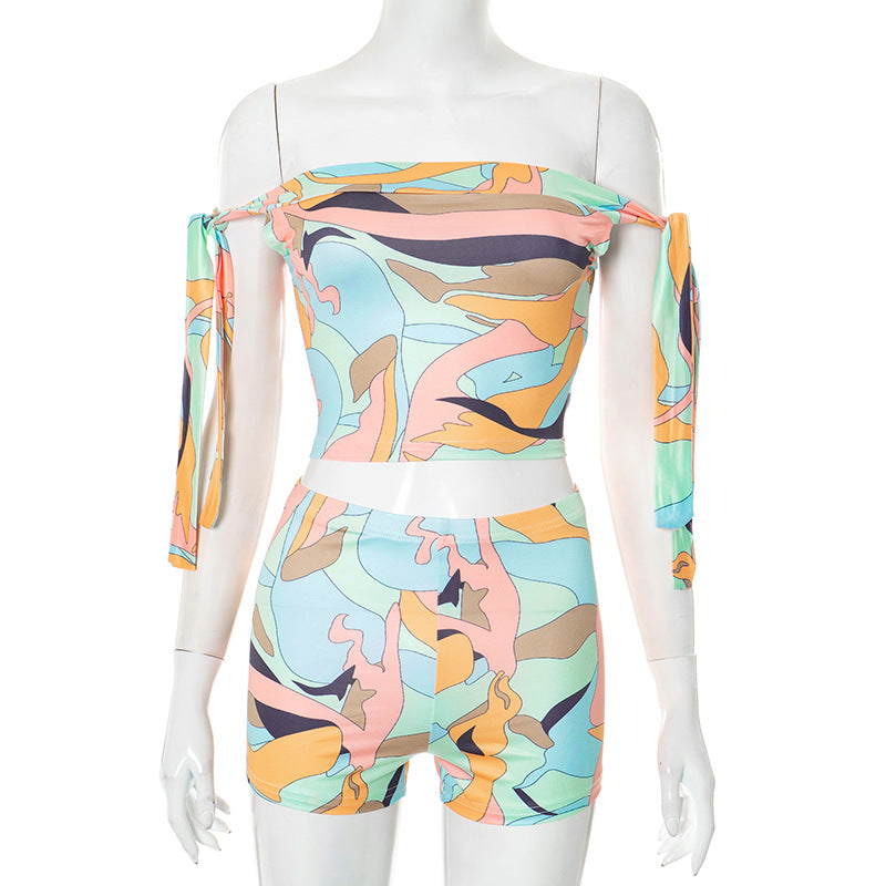 Women Spring and Summer Multi-Color Printed Off Shoulder Lace-Up Crop Top and ShortsTwo Piece Set 11