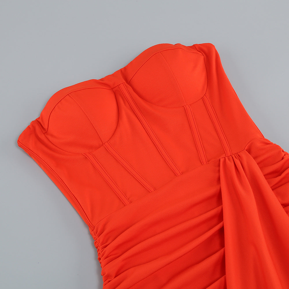 Women Sexy Strapless Backless Skirt Ruffled Slit Dress 15