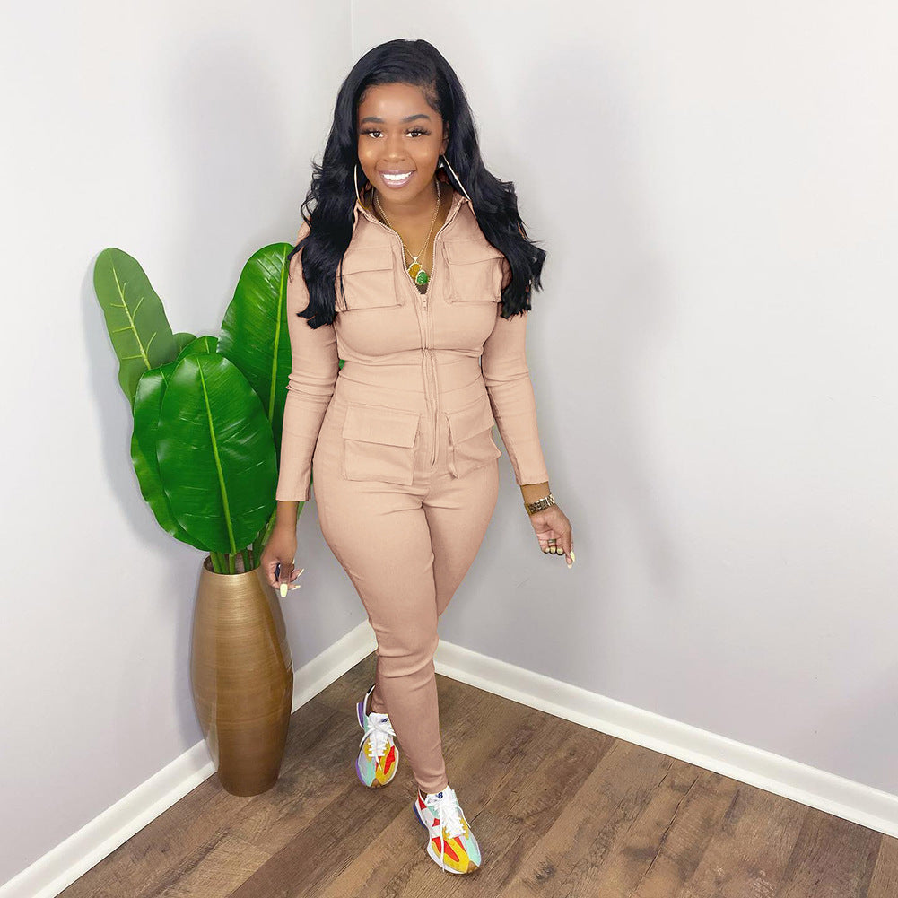 Women's Fall/Winter Solid Color Zip Pocket Cargo Jumpsuit