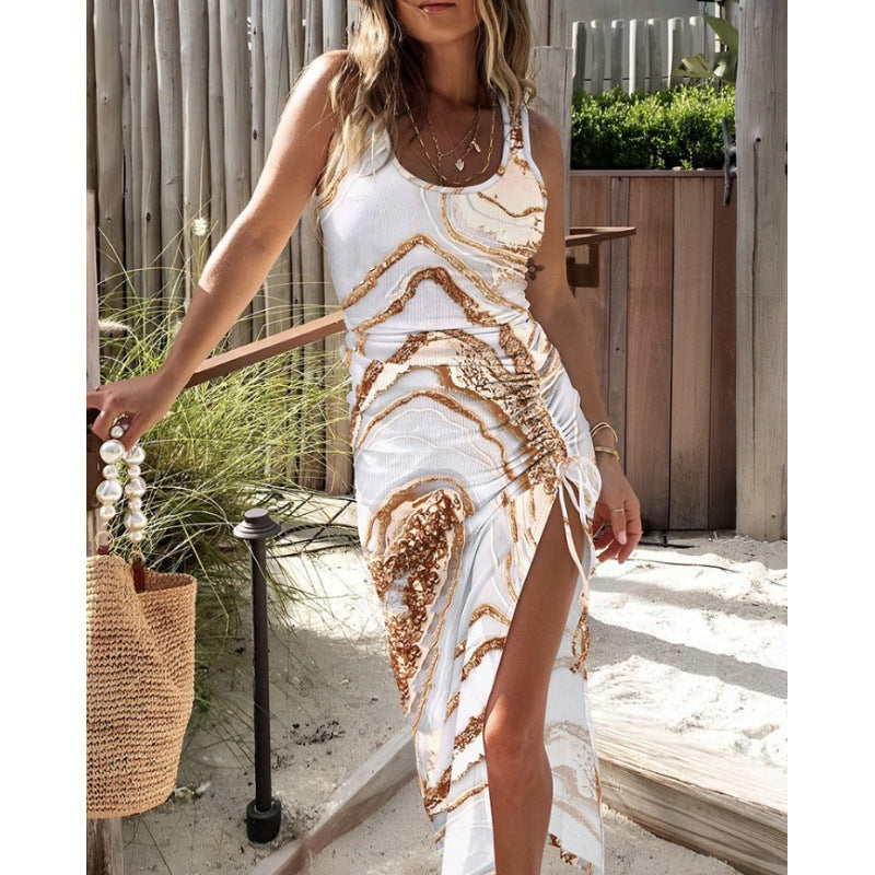 Fashion Printed Sleeveless Slim Waist Slim Sexy Slit Dress 18