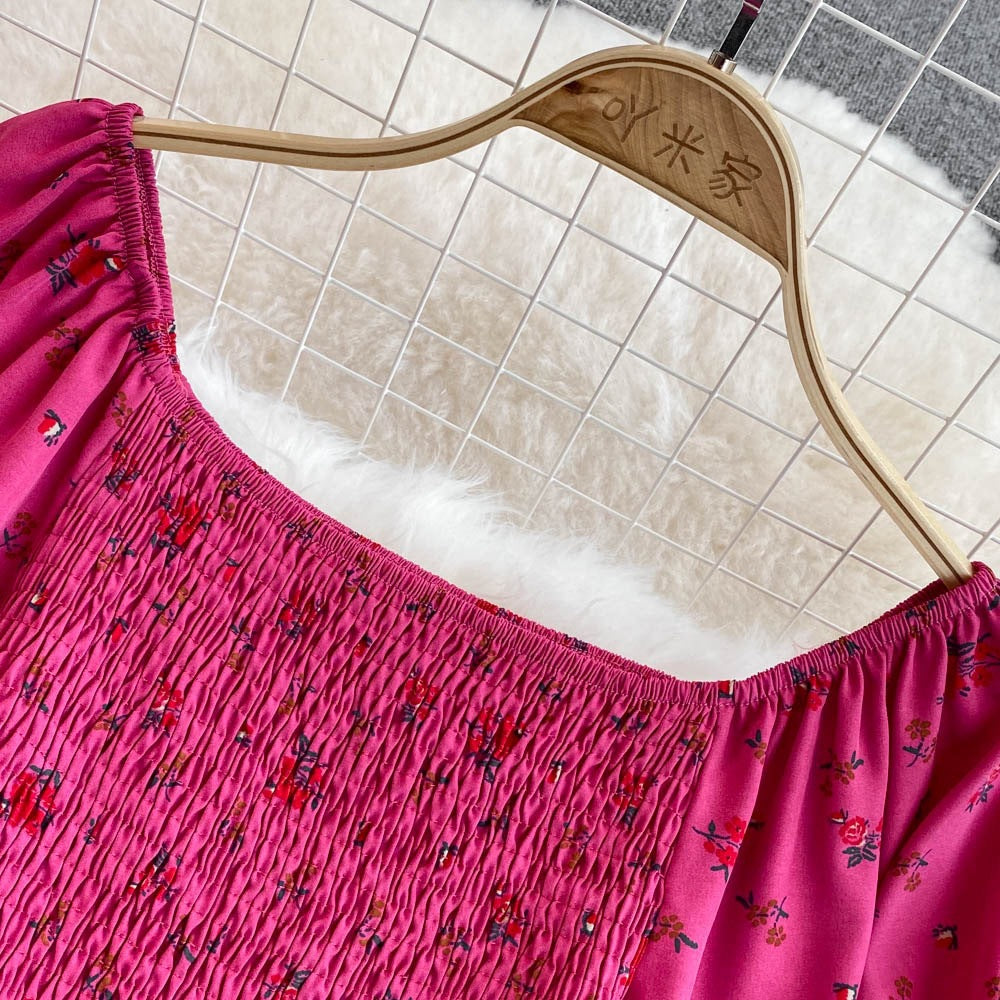 Women summer French square neck puff short sleeve slit dress 24