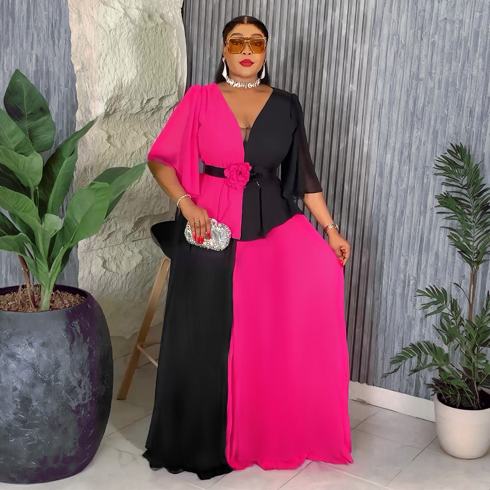 African Women's Elegant Plus Size Chiffon Patchwork Contrast Long Dress 3