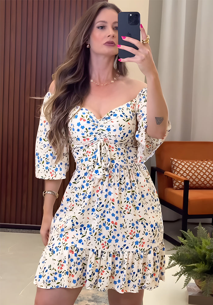 Women Floral V Neck Pleated Summer Dress