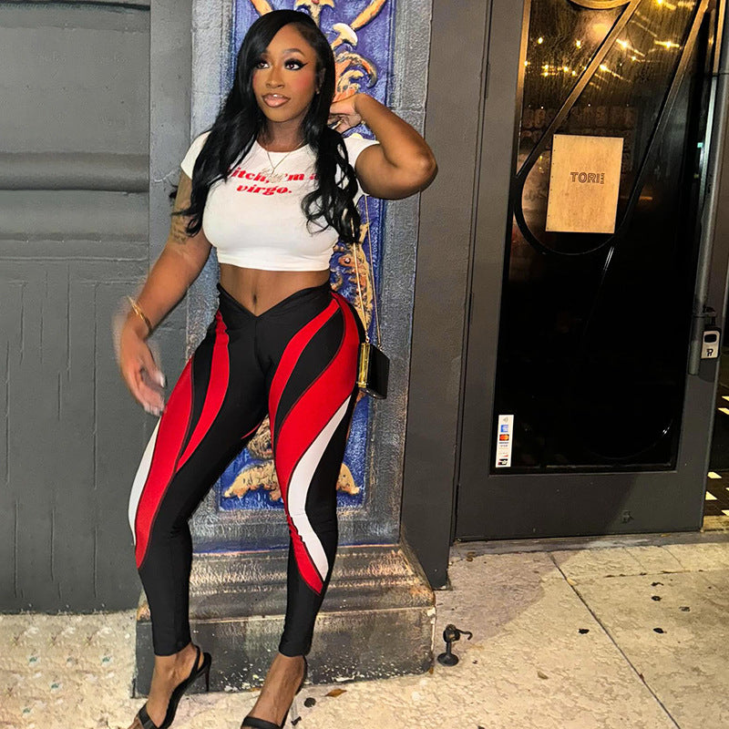 Women Winter Contrast Patchwork Striped Pants 3