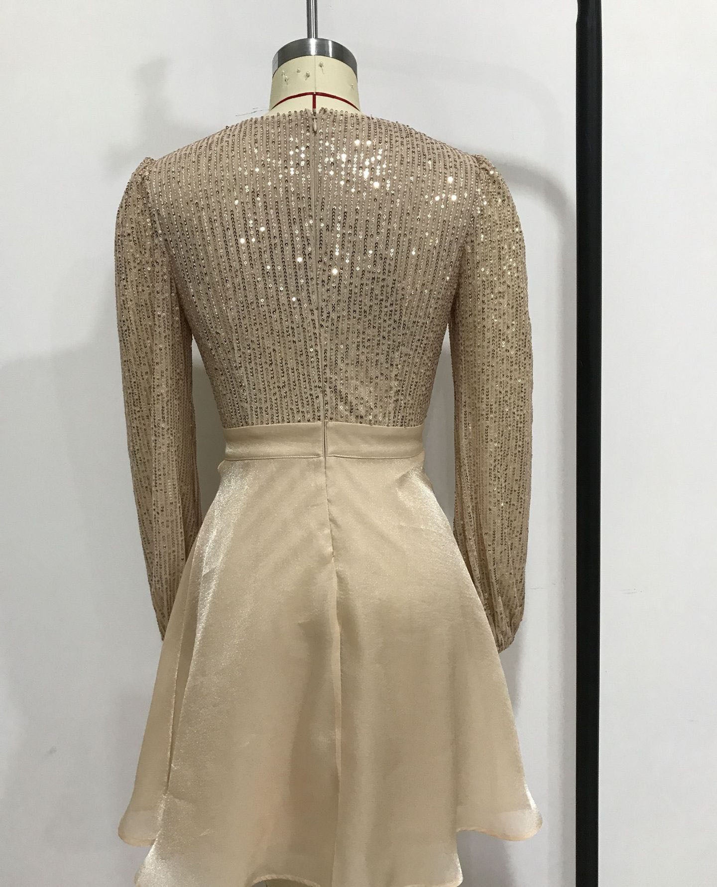 Deep V Sexy Sweet Sequin Patchwork Mesh Long Sleeve Short A-Line Party Dress 12