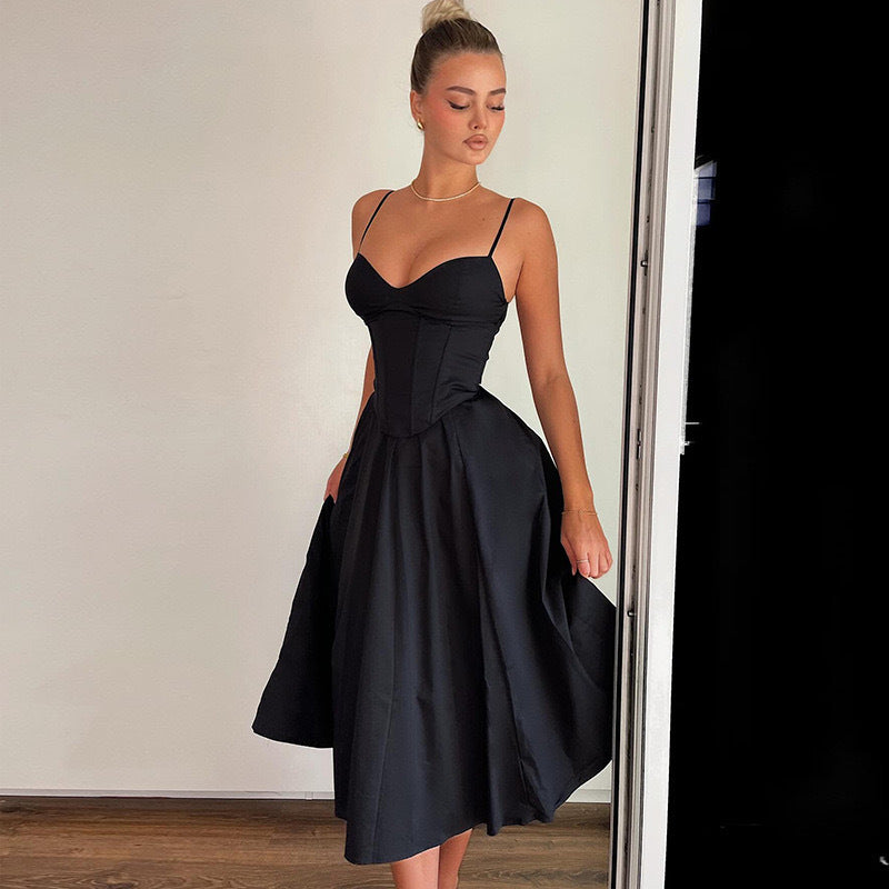 Women's Summer Sexy Black Low Back V-Neck Strap Long Dress