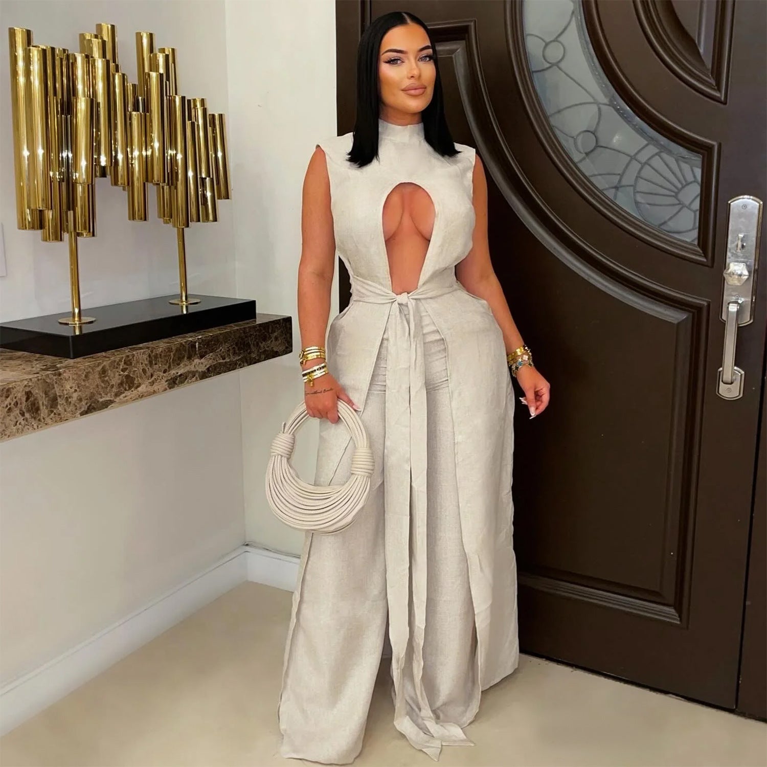 Women sexy solid lace-up sleeveless top and Pant Two Piece Set 6