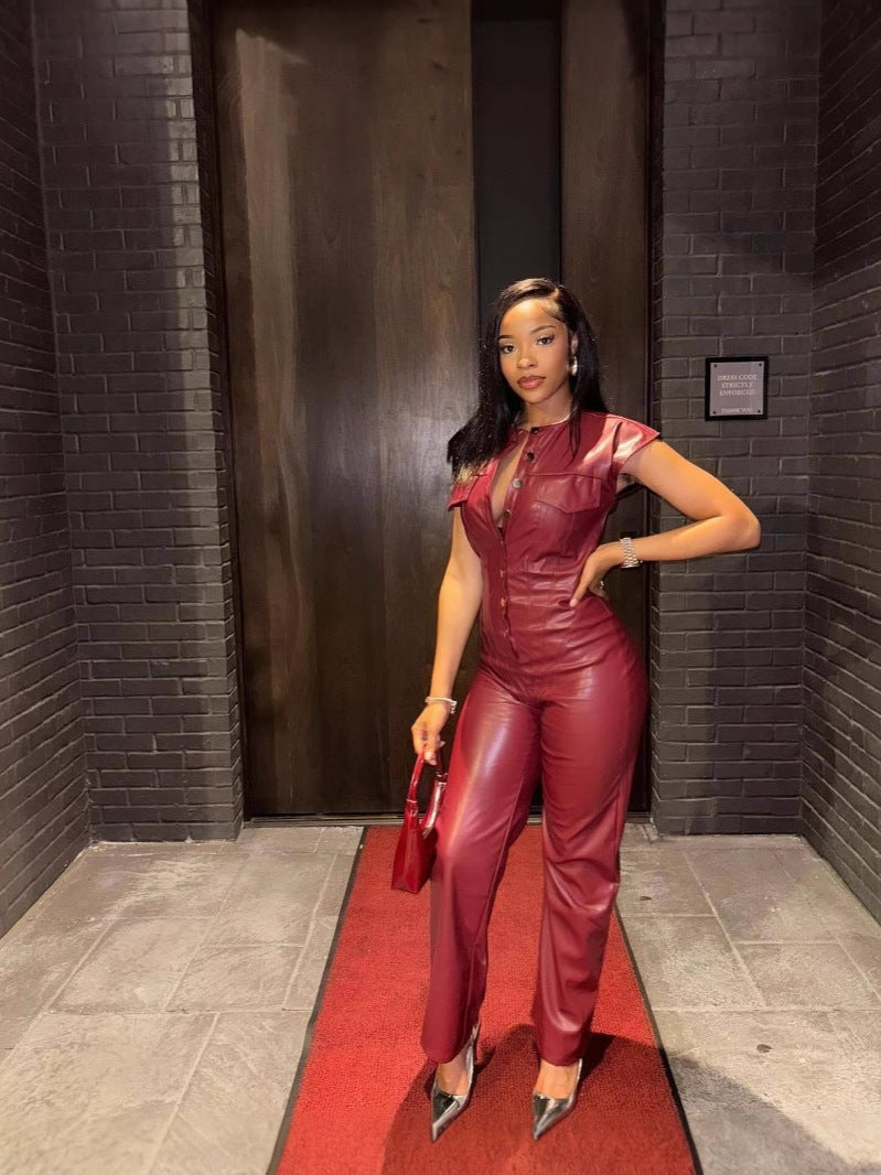 Women's Fashion Sleeveless Pu Leather Jumpsuit 6