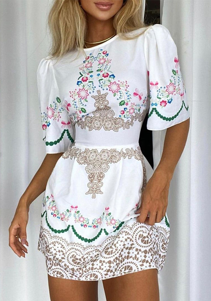 Women Retro Floral Puff Sleeve Dress