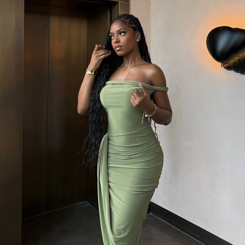 Women's Fashion Spring/Summer Sexy Off Shoulder Low Back Ruched Slim Long Dress 4