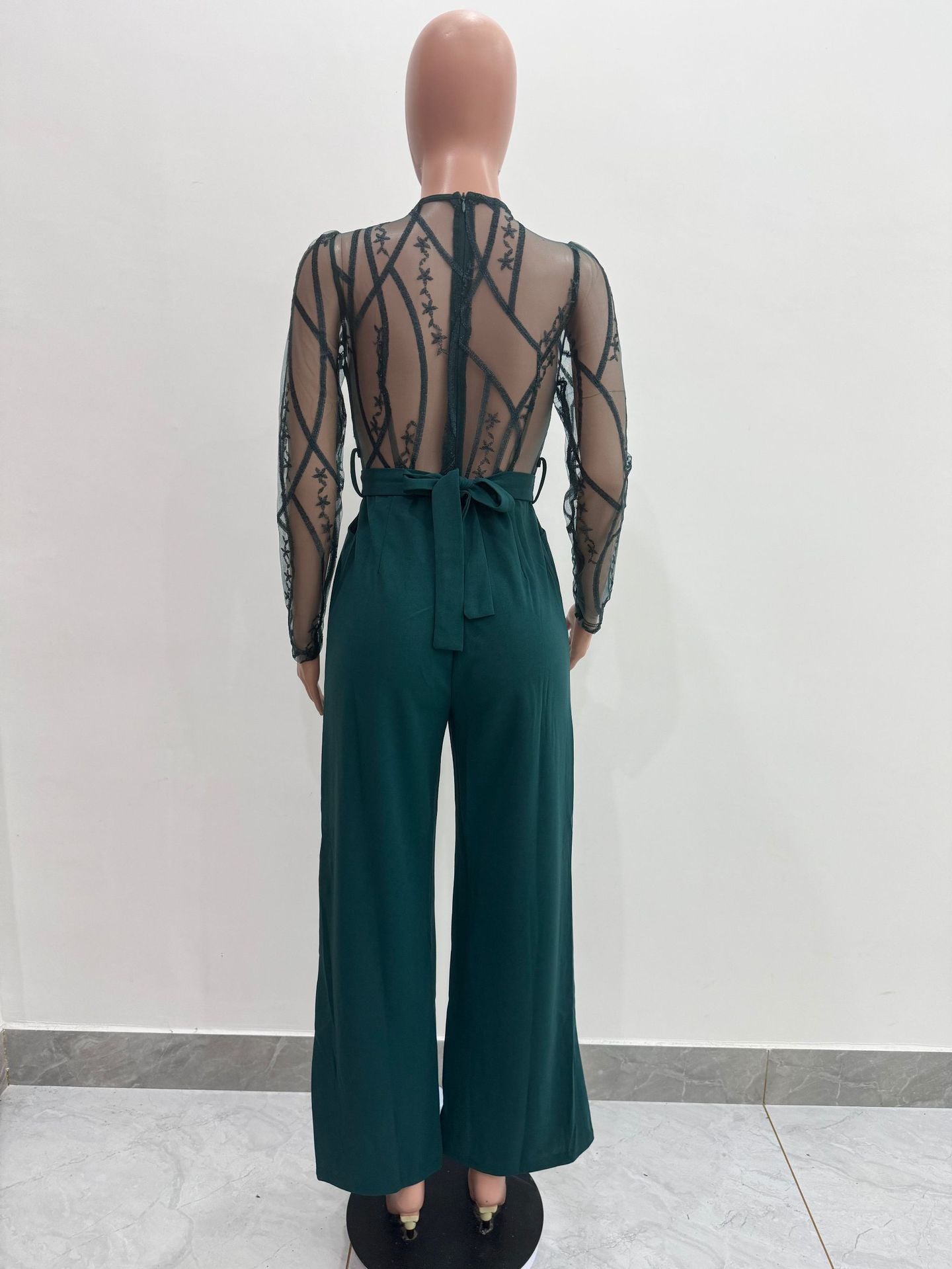 Women's Mesh See-Through Patchwork Embroidery Sexy Jumpsuit (Includes Belt) 17
