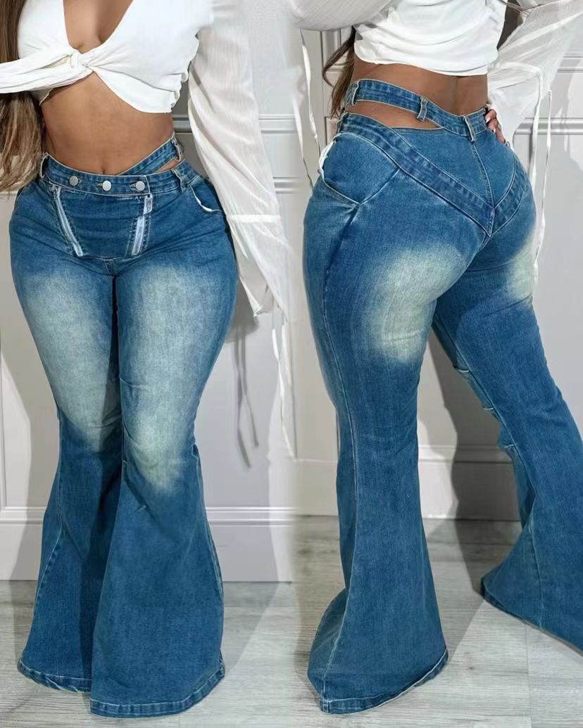 Women's fashion sexy zipper micro Bell Bottom Denim pants 3