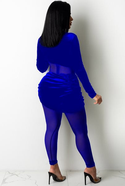 Autumn Party Sexy Mesh Patch Velour Tight Blue Jumpsuit