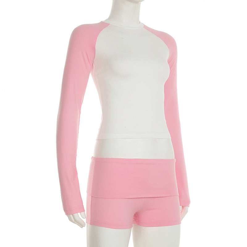 Women’s Activewear Contrast Color Sportswear Long-Sleeve Top Shorts Two Piece Set 10