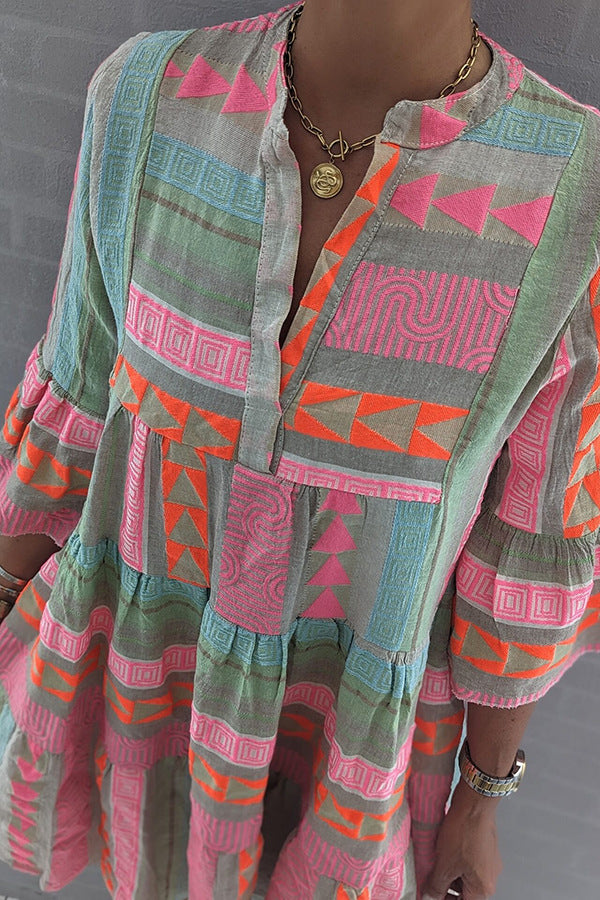 Women's Autumn Printed V-Neck Three-Quarter Sleeve Casual Dress 4