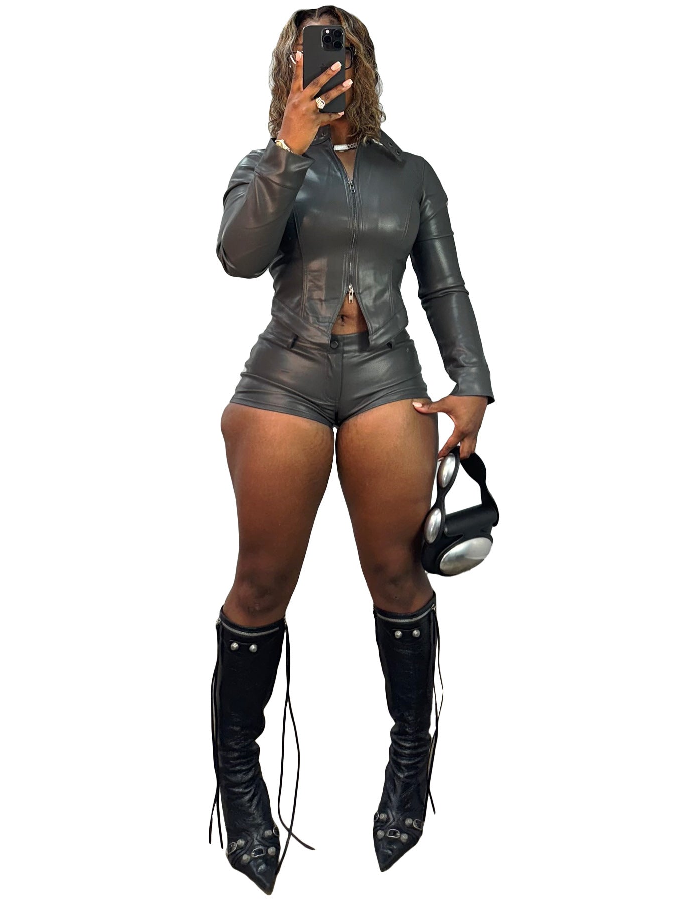 Fashion Women's Leather Stand Collar Zipper Long Sleeve Top Shorts Two-Piece Set 9