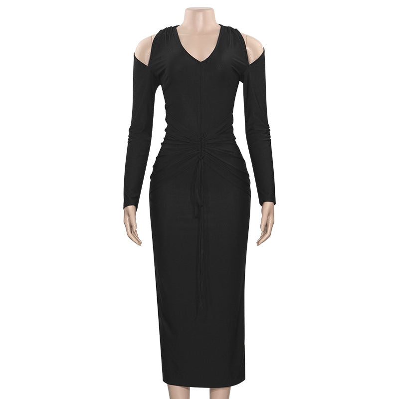 Autumn Solid Color V-Neck Halter Neck Slim Long Sleeve Sexy High Waist Dress 6