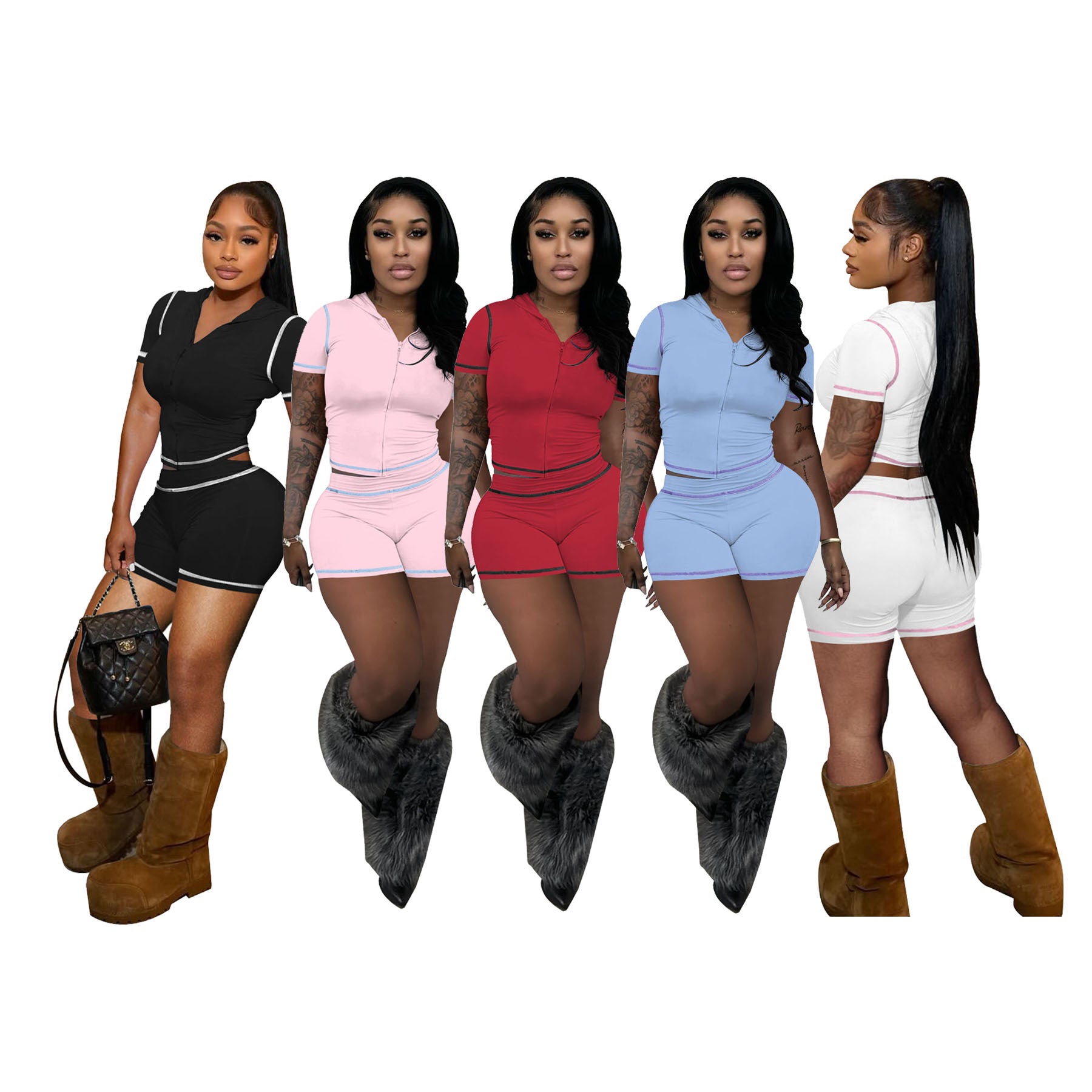 Summer Zipper Hooded High Stretch Sports Casual Short Sleeve Two Piece Shorts Set 8