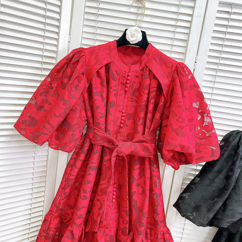 Women Round Neck Vintage Jacquard Puff Sleeve Casual Belt Dress 13