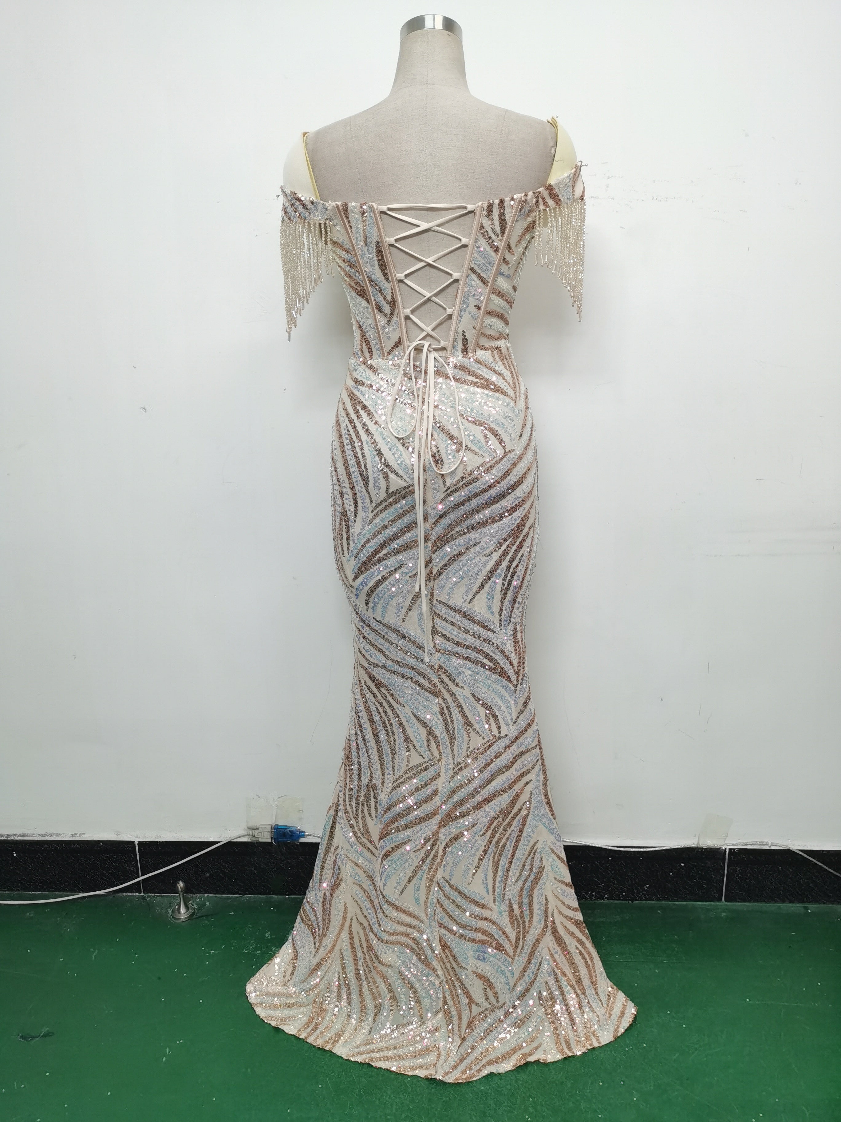 Off Shoulder Tassels Fishbone Slim Waist Lace-Up Sequin Evening Dress 18