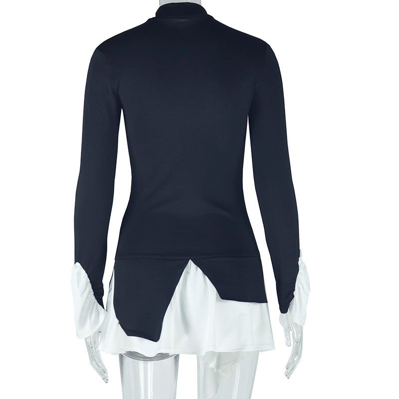 Women High Neck Bell Bottom Sleeve Fake Two-Piece Dress 7