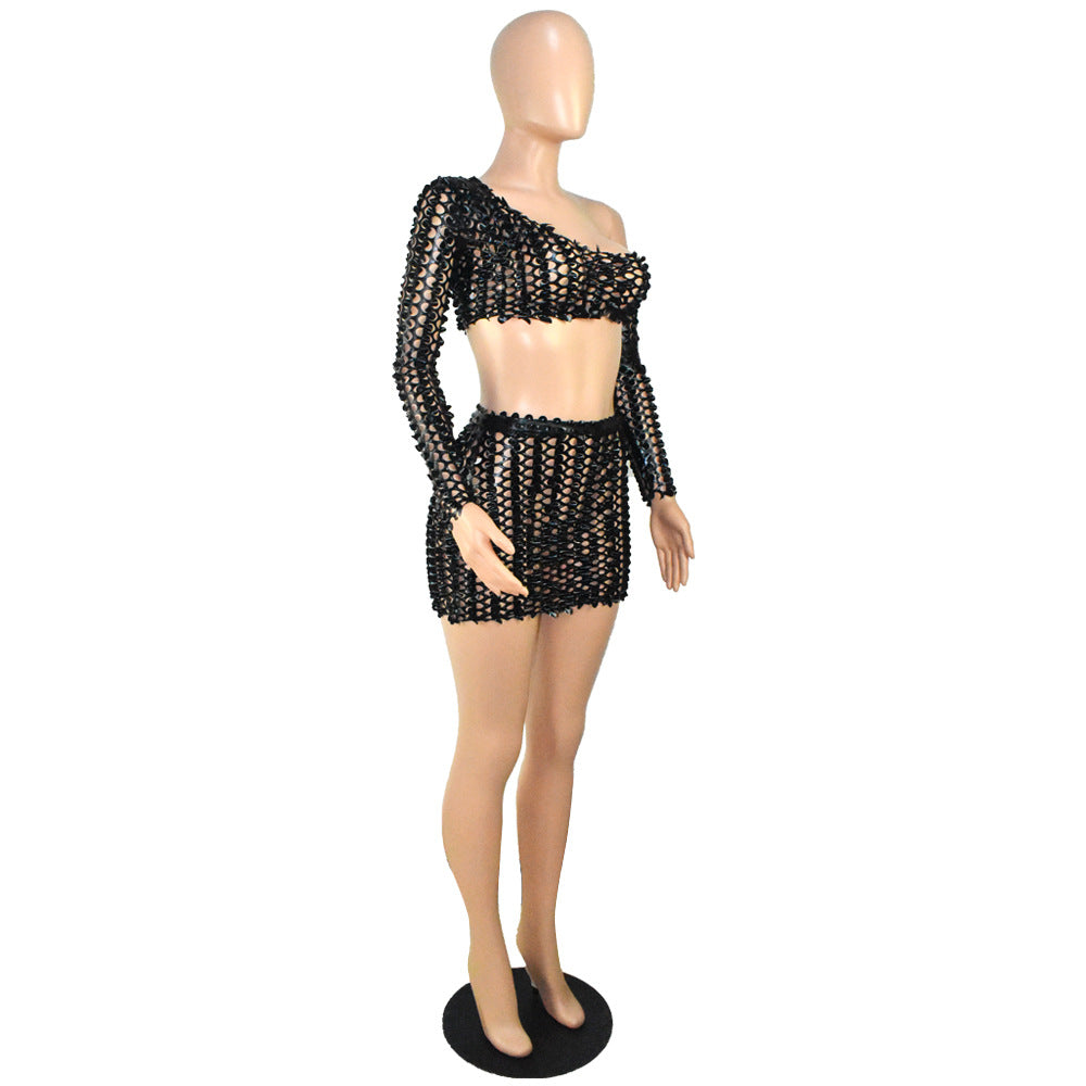Women Sexy Mesh Hollow Hollow Long Sleeve Crop Top + Skirt Two Piece Set 23
