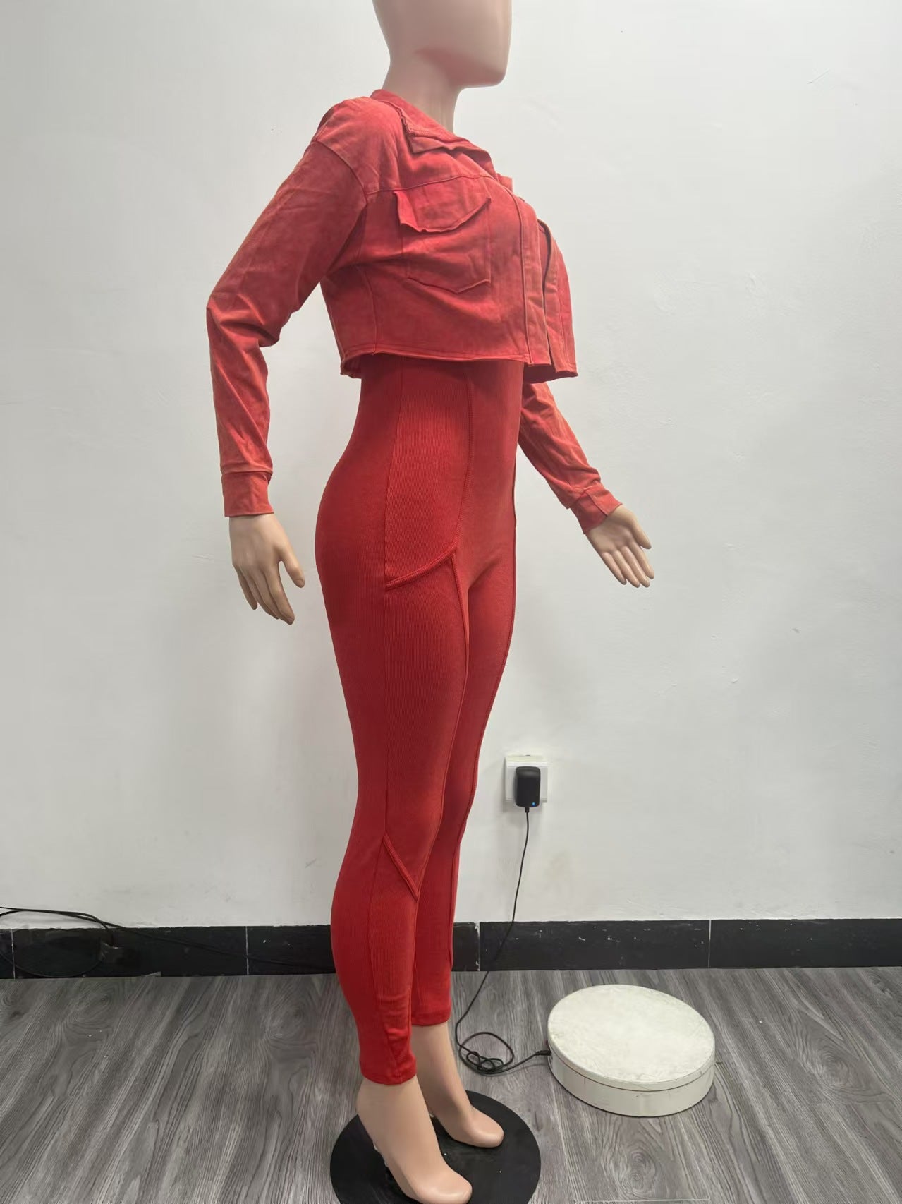 Fashion Women's Solid Color Tight Slim Jumpsuit Coat Casual Two-Piece Set 17