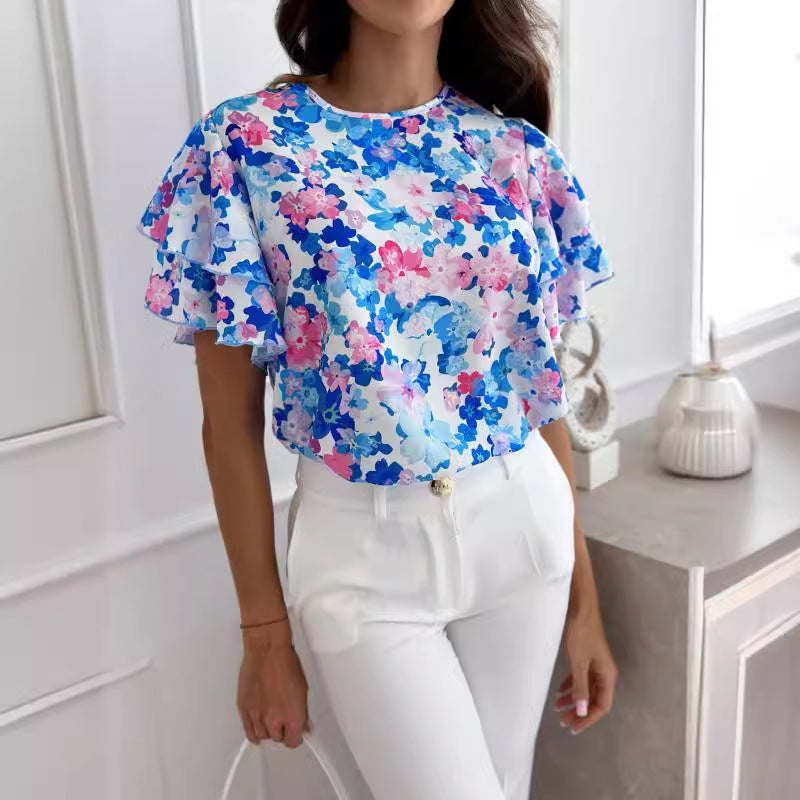 Women Summer Print Ruffle Sleeve Round Neck Short Sleeve Top 4