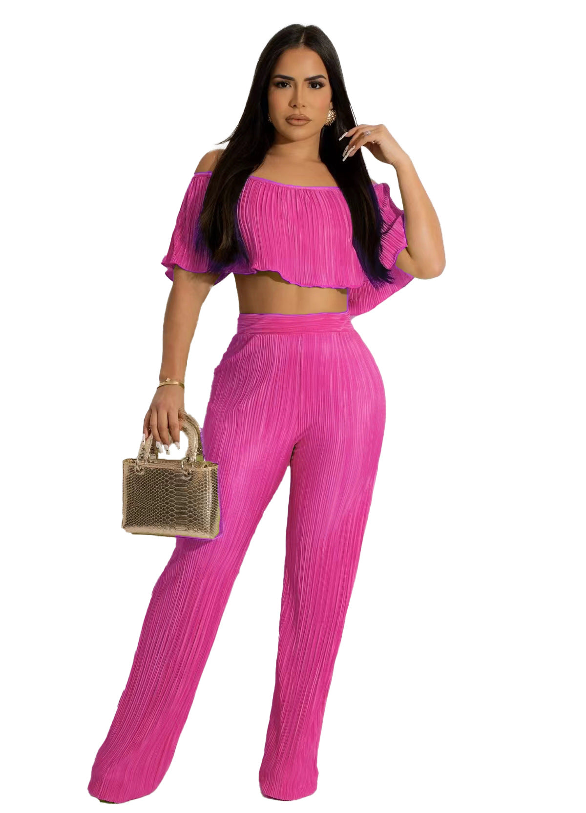 Women'S Solid Color Off-Shoulder Top Bell Bottom Pants Two-Piece Set 10