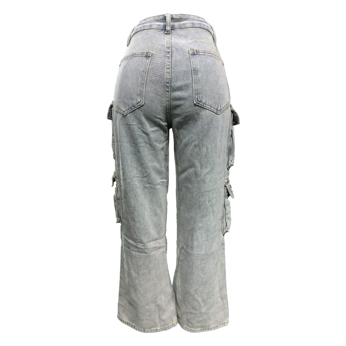 Women Washed Cargo Pocket Denim Straight Leg Pants 8