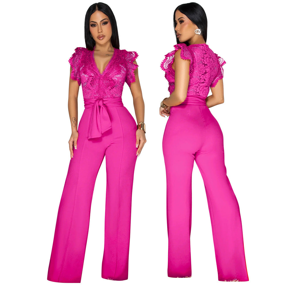 Women's Sexy V-Neck Sleeveless Solid Color Lace-Up Wide-Leg Jumpsuit 7