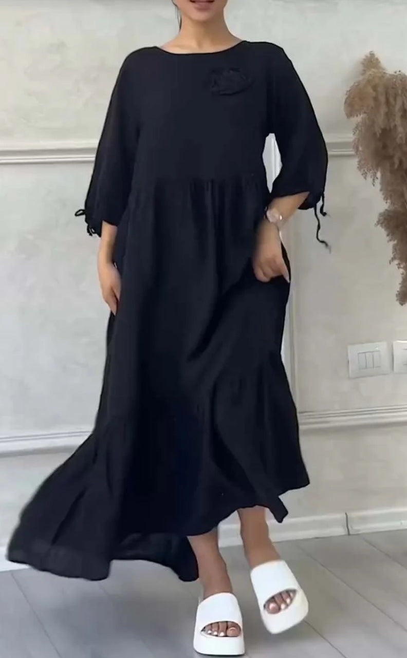 Women's Round Neck Pleated Long Sleeve Drawstring Back Tie Solid Color Casual Loose Dress 10