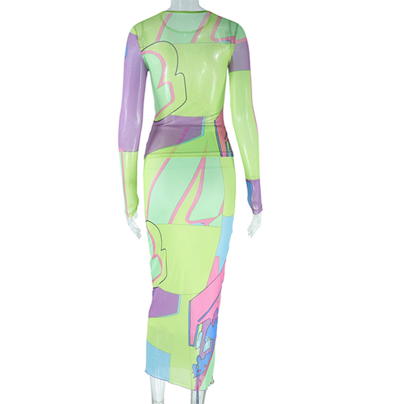 Fashion Print Round Neck Long Sleeve Top Slim Long Skirt Two Piece Set 7